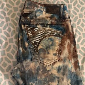 Robin's Jean Blue and Brown Tie-Dye Slim Straight Jeans with Rhinestone Pocket